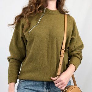 Vintage Made In France Mossy Ochre Green Wool Blend Side Zip Oversized Sweater